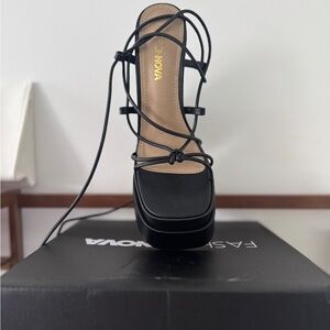 Fashion Nova Black Lace-Up Square Toe Platform Sandal